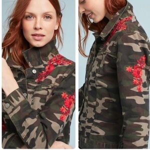 Anthropologie Green and Red Utility Jacket with Floral Embroidery size M